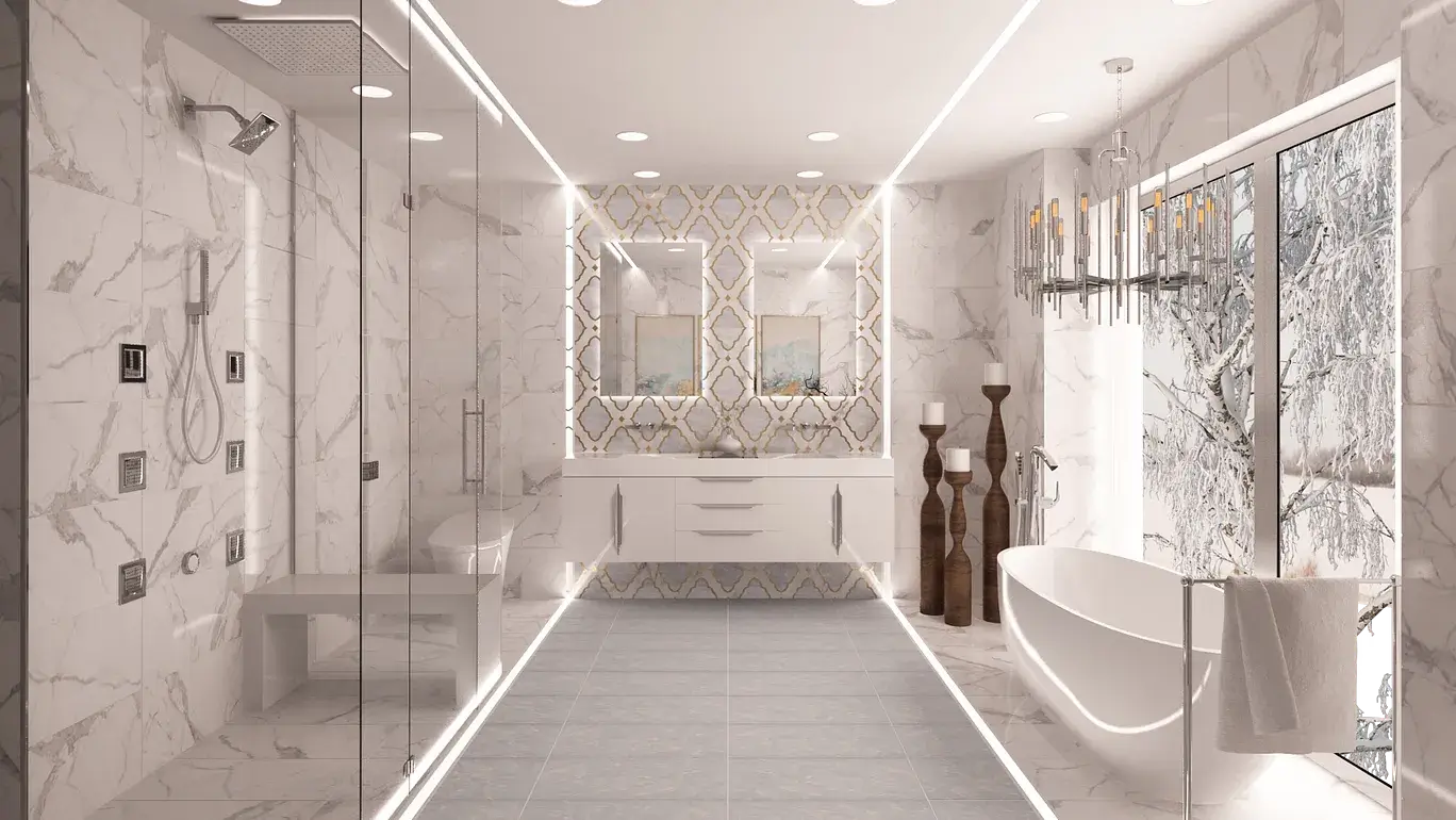 Spa-like master bathroom with marble vanity and calming palette — Medina, Ariana Designs