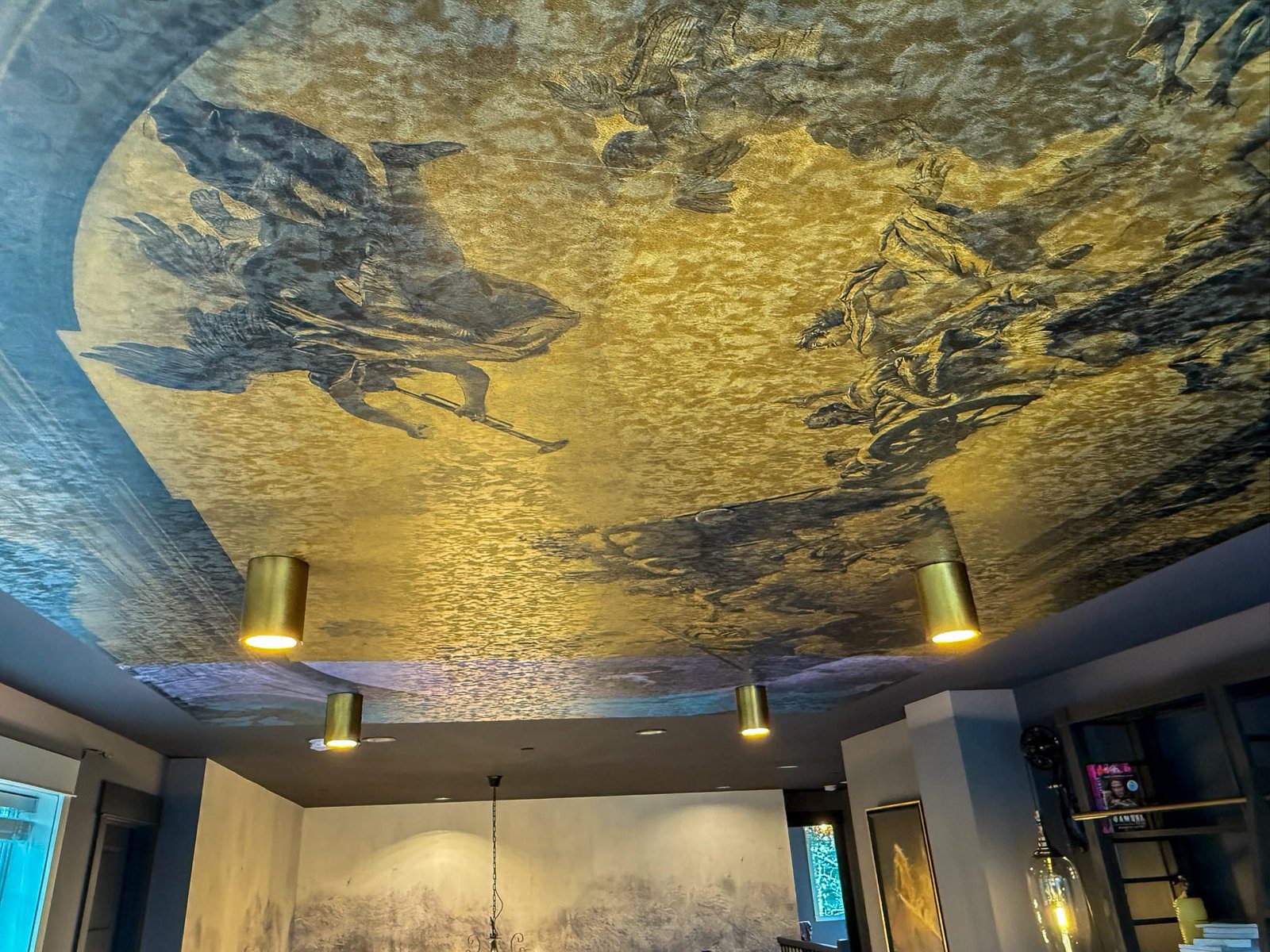 Luxury ceiling mural with modern lighting design — Kirkland artful library, Ariana Designs