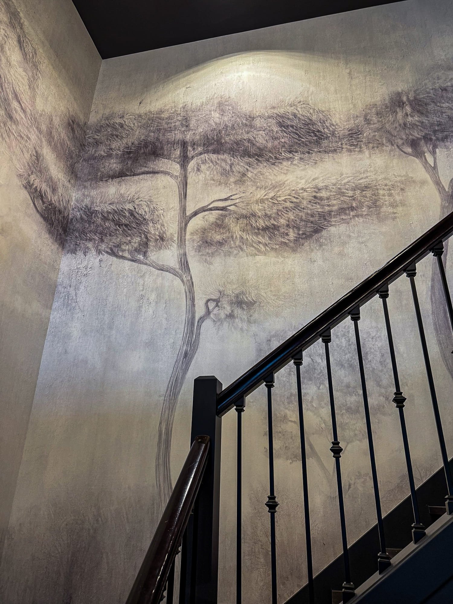 Black and white forest mural staircase — Custom Staircase Design, Ariana Designs