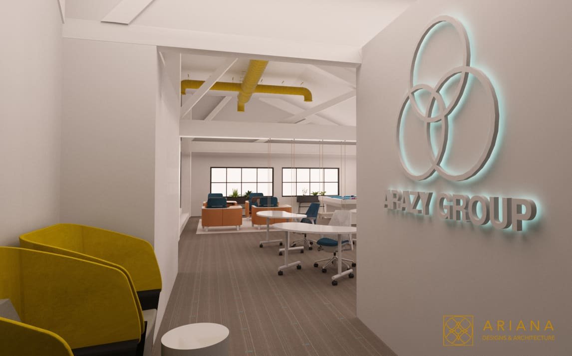 Arazi Group tri-circle illuminated logo office entrance — Ariana Designs, Bellevue