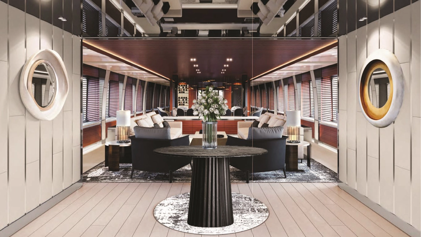 Elegant teak dining table with stainless steel accents aboard luxury yacht — Lake Oswego, Ariana Designs