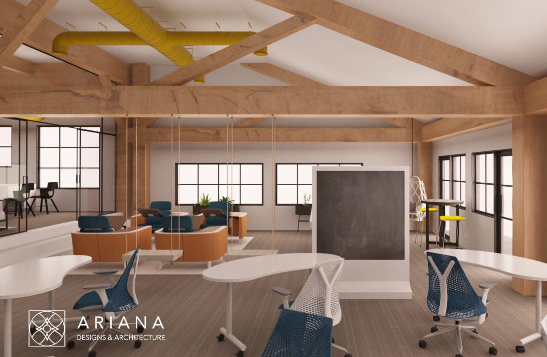Modern white office desks meeting screen — Ariana Designs, Arazi Group Bellevue