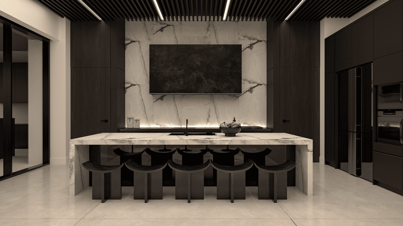 Minimalist kitchen with long stone waterfall island, sculptural stools, full-height veined stone backsplash, and dark wood cabinetry — Ariana Designs & Interiors, Kirkland