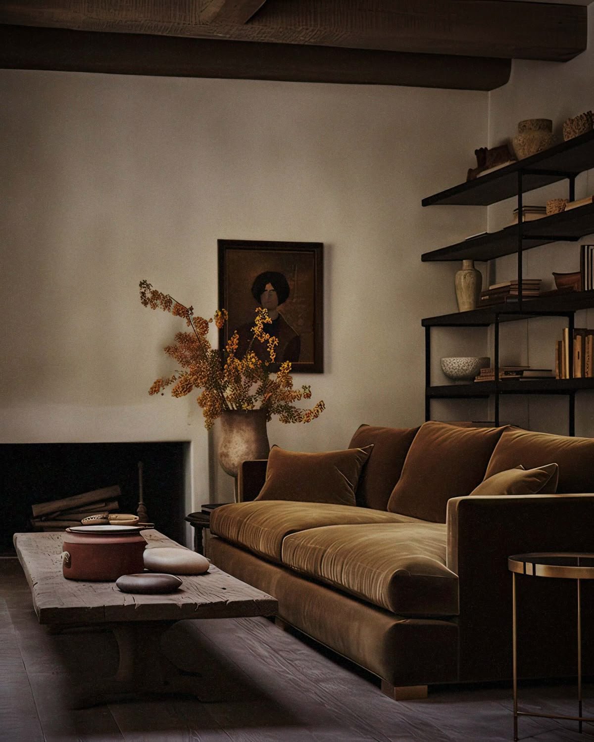 Softly lit Pacific Northwest living room with warm neutral wall paint and layered textiles
