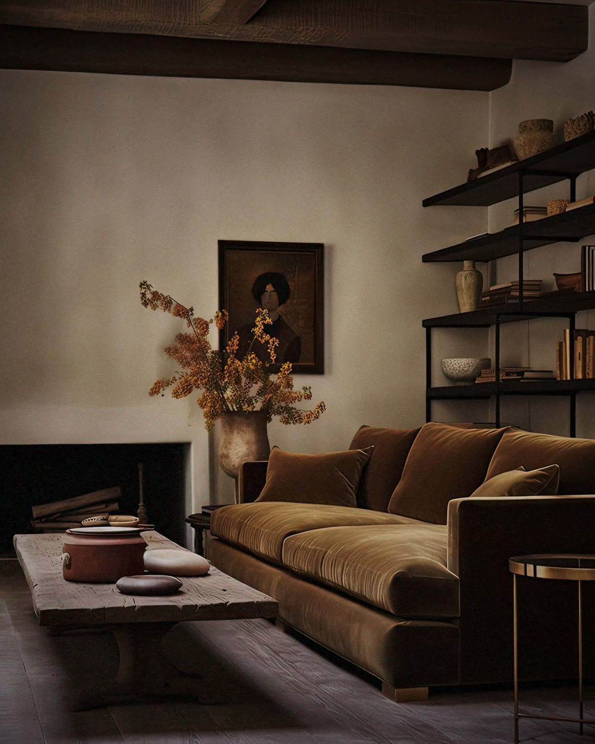 Softly lit Pacific Northwest living room with warm neutral wall paint and layered textiles