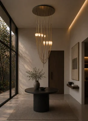 Tall foyer entryway design with sculptural pendant light and round console table